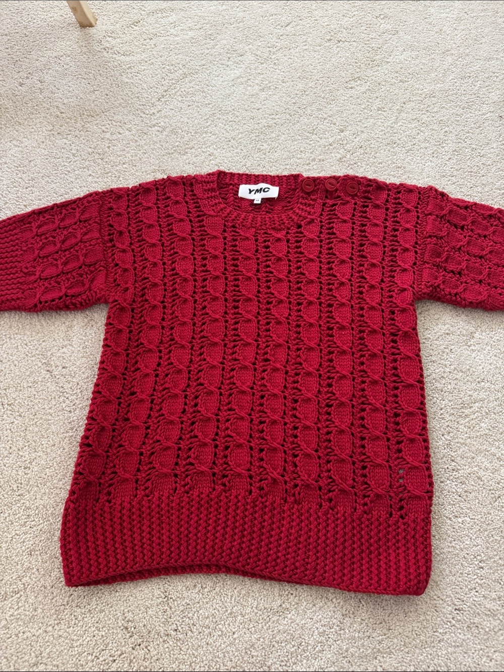 YMC Red Cable-Knit Crewneck Sweater with Shoulder Buttons xs